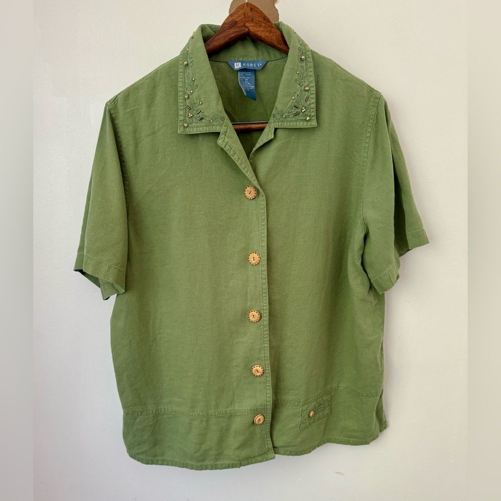 Koret Women’s Linen Blend Button Front Top Sage Green Beaded Collar Vintage